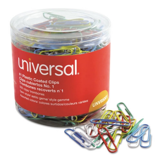 Picture of Plastic-Coated Paper Clips with One-Compartment Dispenser Tub, #1, Assorted Colors, 500/Pack