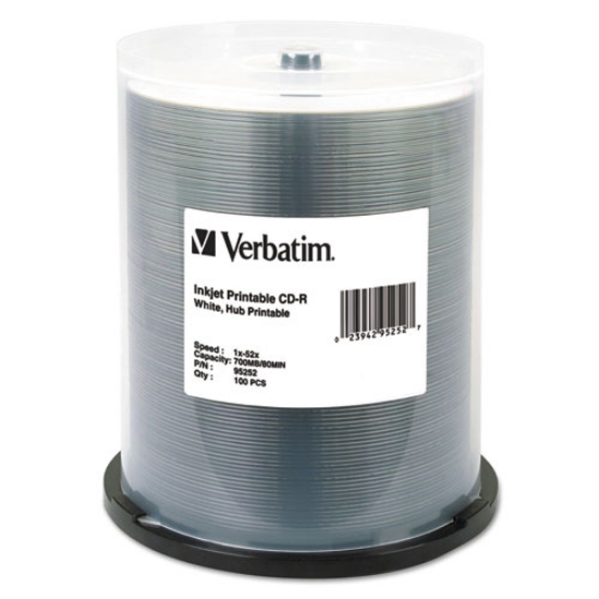Picture of CD-R Printable Recordable Disc, 700 MB, 52x, Spindle, White, 100/Pack