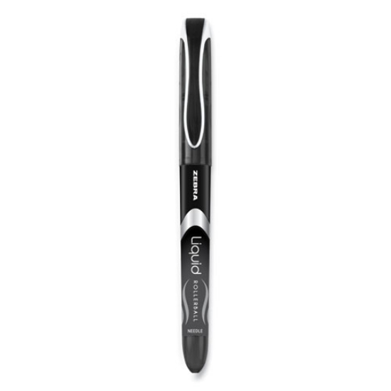 Picture of Liquid Ink Roller Ball Pen, Stick, Extra-Fine 0.5 mm, Black Ink, Black/Silver Barrel, 12/Pack