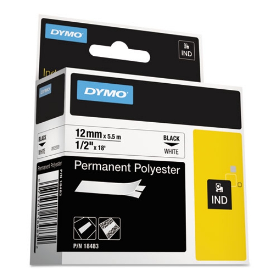 Picture of Rhino Permanent Poly Industrial Label Tape, 0.5" X 18 Ft, White/black Print