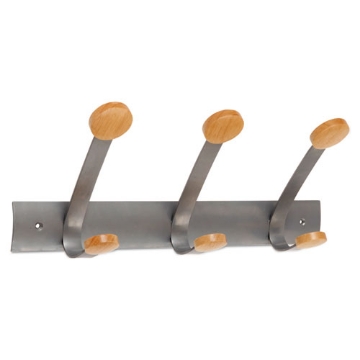 Picture of Wooden Coat Hook, Three Wood Peg Wall Rack, Brown/Silver, 45 lb Capacity