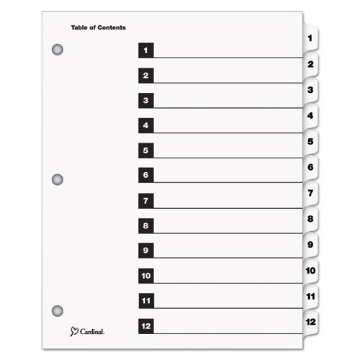 Picture of onestep printable table of contents and dividers, 12-tab, 1 to 12, 11 x 8.5, white, white tabs, 1 set