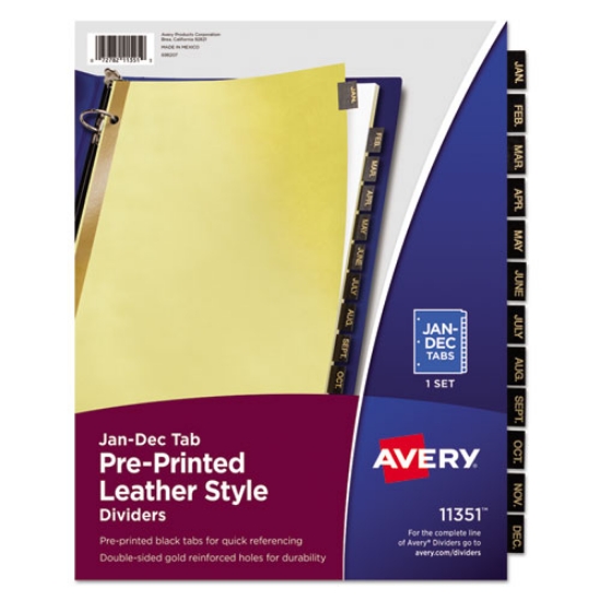Picture of Preprinted Black Leather Tab Dividers w/Gold Reinforced Edge, 12-Tab, Jan. to Dec., 11 x 8.5, Buff, 1 Set
