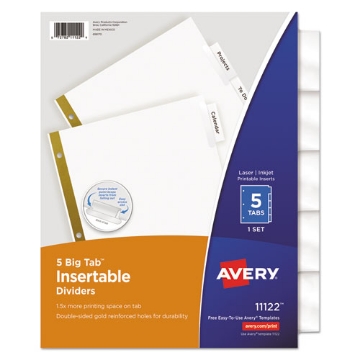 Picture of insertable big tab dividers, 5-tab, double-sided gold edge reinforcing, 11 x 8.5, white, clear tabs, 1 set