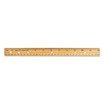 Picture of Beveled Wood Ruler w/Single Metal Edge, 3-Hole Punched, Standard/Metric, 12" Long, Natural, 36/Box