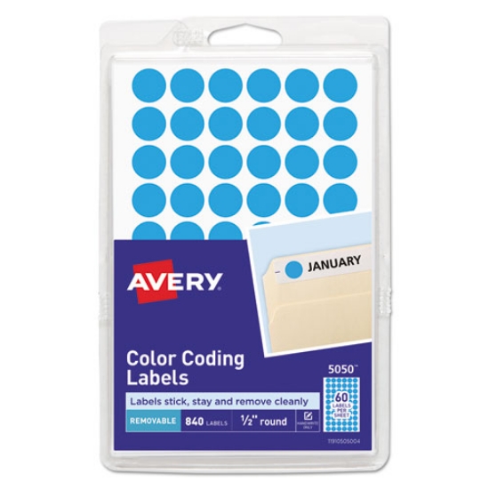 Picture of Handwrite Only Self-Adhesive Removable Round Color-Coding Labels, 0.5" dia, Light Blue, 60/Sheet, 14 Sheets/Pack, (5050)