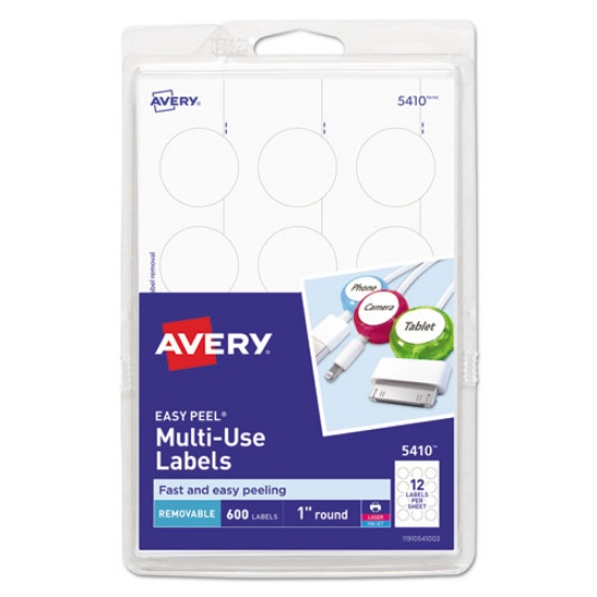 Picture of Removable Multi-Use Labels, Inkjet/Laser Printers, 1" dia, White, 12/Sheet, 50 Sheets/Pack, (5410)
