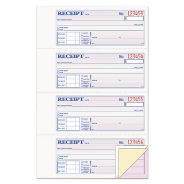 Picture of Receipt Book, Three-Part Carbonless, 7.19 x 2.75, 4 Forms/Sheet, 100 Forms Total