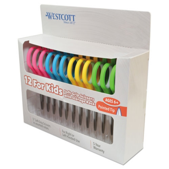 Picture of Soft Handle Kids Scissors, Pointed Tip, 5" Long, 1.75" Cut Length, Assorted Straight Handles, 12/pack