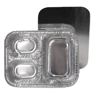 Picture of 3-Compartment Oblong Aluminum Foil Container With Board Lid, 23 Oz, 8.5 X 6.38 X 1.72, Silver, 250/carton