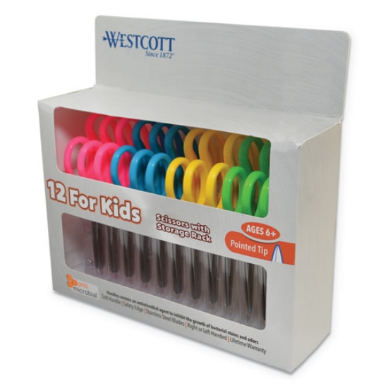 Picture of Kids' Scissors With Antimicrobial Protection, Pointed Tip, 5" Long, 2" Cut Length, Assorted Straight Handles, 12/pack