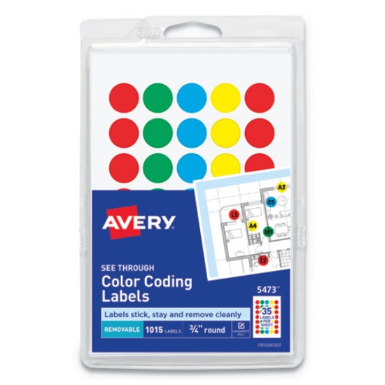 Picture of Handwrite-Only Self-Adhesive "See Through" Removable Round Color Dots, 0.75" dia, Assorted, 35/Sheet, 29 Sheets/Pack, (5473)