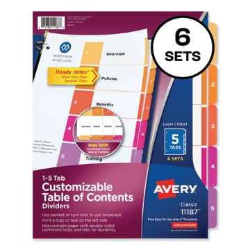 Picture of Customizable TOC Ready Index Multicolor Tab Dividers, 5-Tab, 1 to 5, 11 x 8.5, White, Traditional Color Tabs, 6 Sets