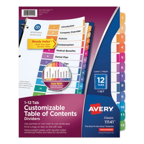 Picture of customizable toc ready index multicolor tab dividers, 12-tab, 1 to 12, 11 x 8.5, white, traditional color tabs, 1 set