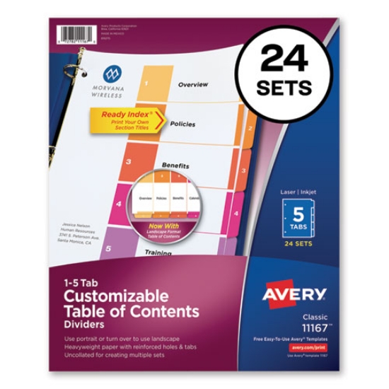 Picture of customizable toc ready index multicolor tab dividers, uncollated, 5-tab, 1 to 5, 11 x 8.5, white, 24 sets