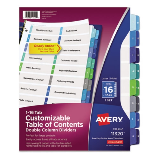 Picture of Customizable TOC Ready Index Double Column Multicolor Tab Dividers, 16-Tab, 1 to 16, 11 x 8.5, White, 1 Set