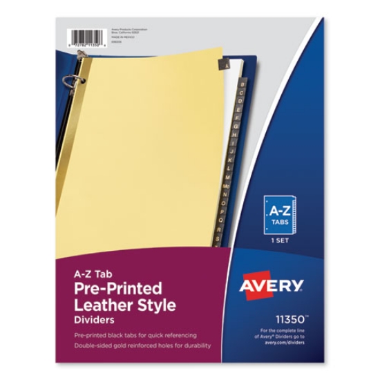 Picture of Preprinted Black Leather Tab Dividers w/Gold Reinforced Edge, 25-Tab, A to Z, 11 x 8.5, Buff, 1 Set