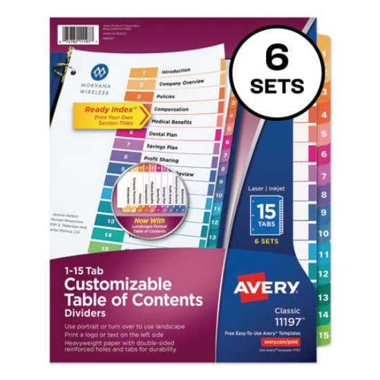 Picture of Customizable TOC Ready Index Multicolor Tab Dividers, 15-Tab, 1 to 15, 11 x 8.5, White, Traditional Color Tabs, 6 Sets