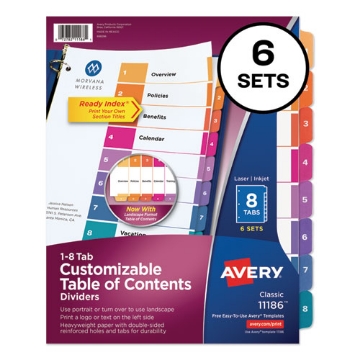 Picture of Customizable TOC Ready Index Multicolor Tab Dividers, 8-Tab, 1 to 8, 11 x 8.5, White, Traditional Color Tabs, 6 Sets