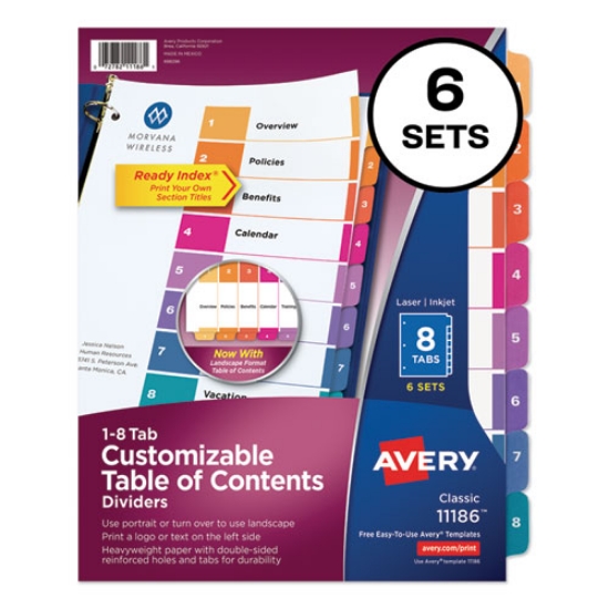 Picture of Customizable TOC Ready Index Multicolor Tab Dividers, 8-Tab, 1 to 8, 11 x 8.5, White, Traditional Color Tabs, 6 Sets