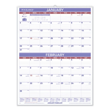 Picture of Two-Month Wall Calendar, 22 x 29, White/Blue/Red Sheets, 12-Month (Jan to Dec): 2024
