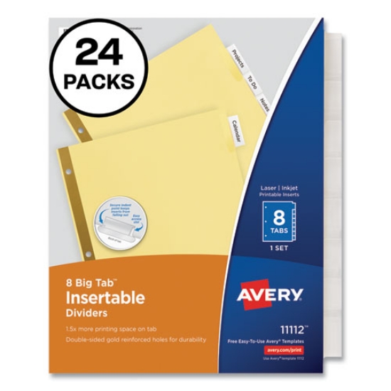 Picture of insertable big tab dividers, 8-tab, double-sided gold edge reinforcing, 11 x 8.5, buff, clear tabs, 24 sets