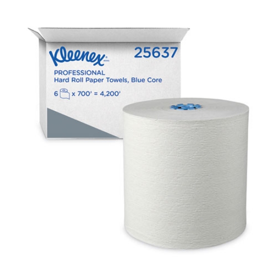 Picture of hard roll paper towels with premium absorbency pockets with colored core, blue core, 1-ply, 7.5" x 700 ft, white, 6 rolls/ct