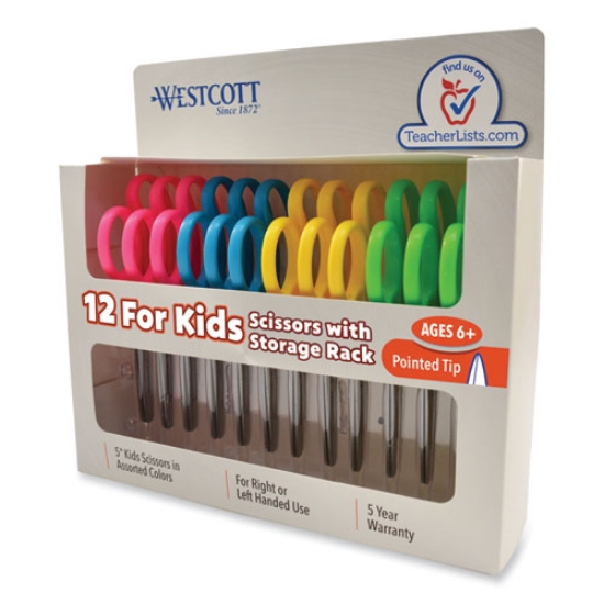 Picture of For Kids Scissors, Pointed Tip, 5" Long, 1.75" Cut Length, Assorted Straight Handles, 12/pack