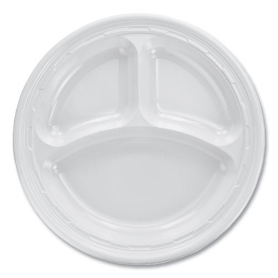 Picture of Famous Service Plastic Dinnerware, Plate, 3-Compartment, 10.25" Dia, White, 125/pack, 4 Packs/carton