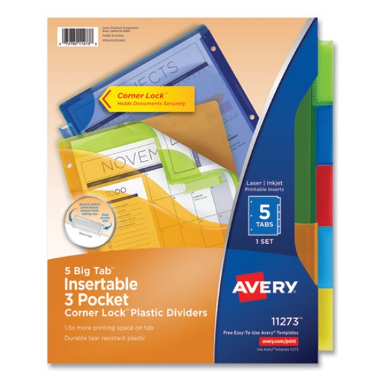Picture of Insertable Big Tab Plastic Three-Pocket Corner Lock Dividers, 5-Tab, 11.13 X 9.25, Assorted, 1 Set