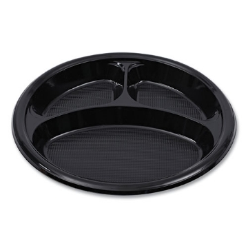 Picture of Hi-Impact Plastic Dinnerware, Plate, 3-Compartment, 10" dia, Black, 125/Sleeve, 4 Sleeves/Carton