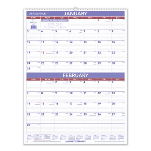 Picture of Two-Month Wall Calendar, 22 x 29, White/Blue/Red Sheets, 12-Month (Jan to Dec): 2024