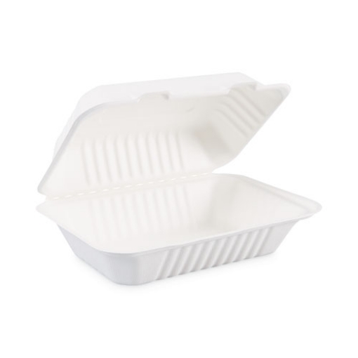 Picture of Bagasse Food Containers, Hinged-Lid, 1-Compartment 9 x 6 x 3.19, White, Sugarcane, 125/Sleeve, 2 Sleeves/Carton