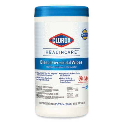 Picture of Bleach Germicidal Wipes, 1-Ply, 6 x 5, Unscented, White, 150/Canister