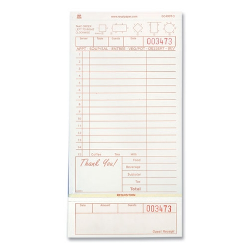Picture of Guest Check Loose-Pack Refill, 15 Lines, Three-Part Carbonless, 4.2 x 8.5, 200 Forms/Pad, 10 Pads/Carton