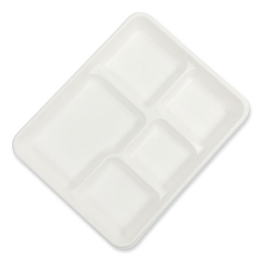 Picture of bagasse pfas-free food tray, 5-compartment, 8.26 x 10.23 x 0.94, white, bamboo/sugarcane, 500/carton