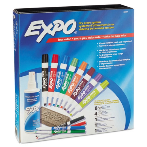 Picture of Low-Odor Dry Erase Marker, Eraser And Cleaner Kit, Medium Assorted Tips, Assorted Colors, 12/set