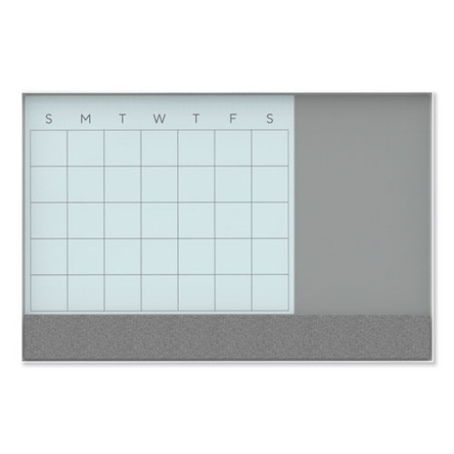 Picture of 3N1 Magnetic Glass Dry Erase Combo Board, 23 x 17, Month View, Gray/White Surface, White Aluminum Frame