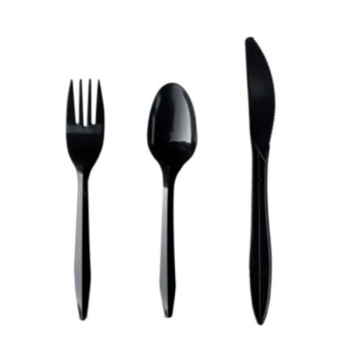 Picture of Three-Piece Cutlery Kit, Fork/Knife/Teaspoon, Polypropylene, Black, 250/Carton
