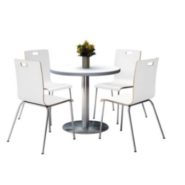 Picture of Pedestal Table with Four White Jive Series Chairs, Round, 36" Dia x 29h, Crisp Linen, Ships in 4-6 Business Days