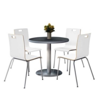 Picture of Pedestal Table with Four White Jive Series Chairs, Round, 36" Dia x 29h, Graphite Nebula, Ships in 4-6 Business Days