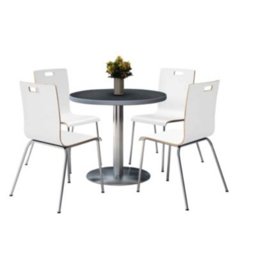 Picture of Pedestal Table with Four White Jive Series Chairs, Round, 36" Dia x 29h, Graphite Nebula, Ships in 4-6 Business Days