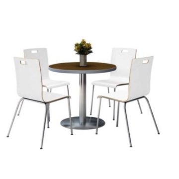 Picture of Pedestal Table with Four White Jive Series Chairs, Round, 36" Dia x 29h, Walnut, Ships in 4-6 Business Days