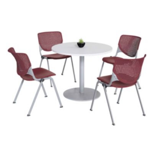 Picture of Pedestal Table with Four Burgundy Kool Series Chairs, Round, 36" Dia x 29h, Designer White, Ships in 4-6 Business Days