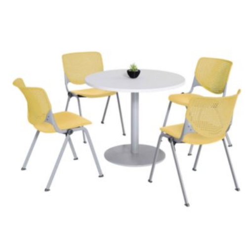 Picture of Pedestal Table with Four Yellow Kool Series Chairs, Round, 36" Dia x 29h, Designer White, Ships in 4-6 Business Days