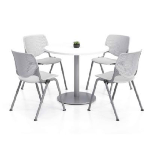 Picture of Pedestal Table with Four Light Gray Kool Series Chairs, Round, 36" Dia x 29h, Designer White, Ships in 4-6 Business Days