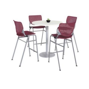 Picture of Pedestal Bistro Table with Four Burgundy Kool Series Barstools, Round, 36" Dia x 41h, Designer White, Ships in 4-6 Bus Days