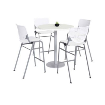Picture of Pedestal Bistro Table with Four White Kool Series Barstools, Round, 36" Dia x 41h, Designer White, Ships in 4-6 Business Days