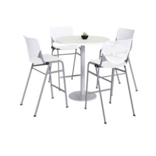 Picture of Pedestal Bistro Table with Four White Kool Series Barstools, Round, 36" Dia x 41h, Designer White, Ships in 4-6 Business Days