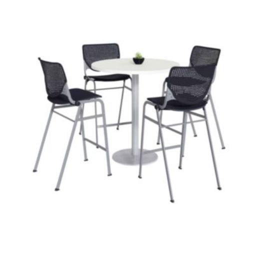 Picture of Pedestal Bistro Table with Four Black Kool Series Barstools, Round, 36" Dia x 41h, Designer White, Ships in 4-6 Business Days